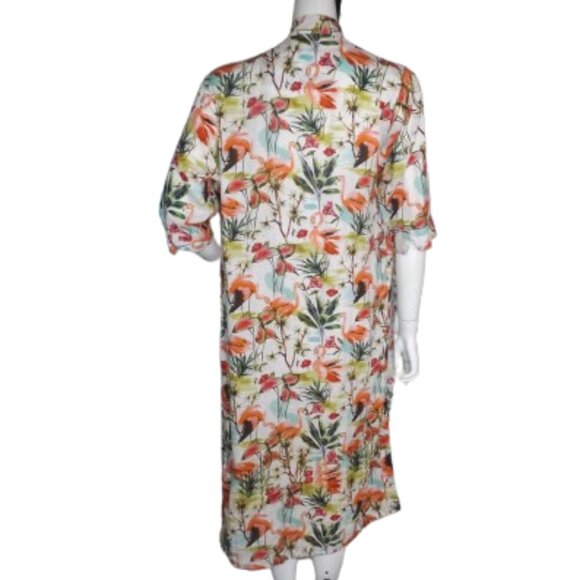 LAZY POET Linen Kimono/Swim Cover up, LONG slit, Flamingo/Multicolor Print - Picture 4 of 13